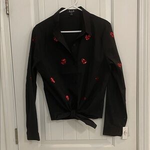 AZI Black Button-Up Shirt with Red Heart Accents medium NWT